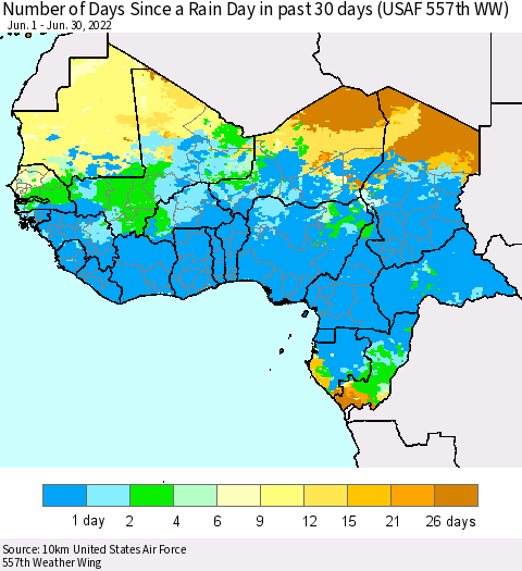 Western Africa Number of Days Since a Rain Day in past 30 days (USAF 557th WW) Thematic Map For 6/26/2022 - 6/30/2022
