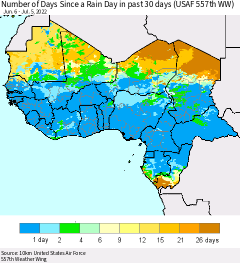 Western Africa Number of Days Since a Rain Day in past 30 days (USAF 557th WW) Thematic Map For 7/1/2022 - 7/5/2022