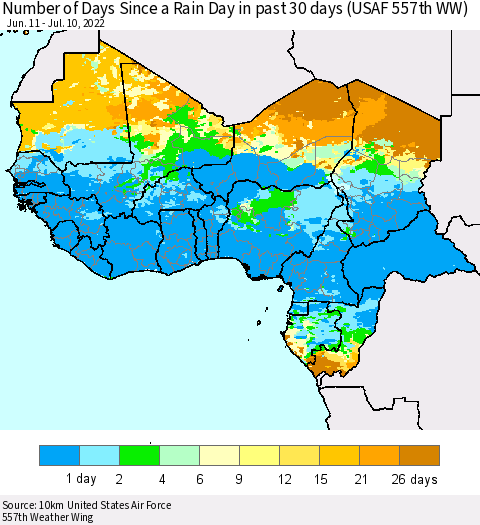 Western Africa Number of Days Since a Rain Day in past 30 days (USAF 557th WW) Thematic Map For 7/6/2022 - 7/10/2022