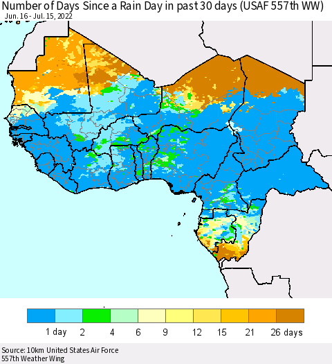 Western Africa Number of Days Since a Rain Day in past 30 days (USAF 557th WW) Thematic Map For 7/11/2022 - 7/15/2022