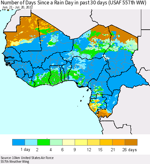Western Africa Number of Days Since a Rain Day in past 30 days (USAF 557th WW) Thematic Map For 7/16/2022 - 7/20/2022