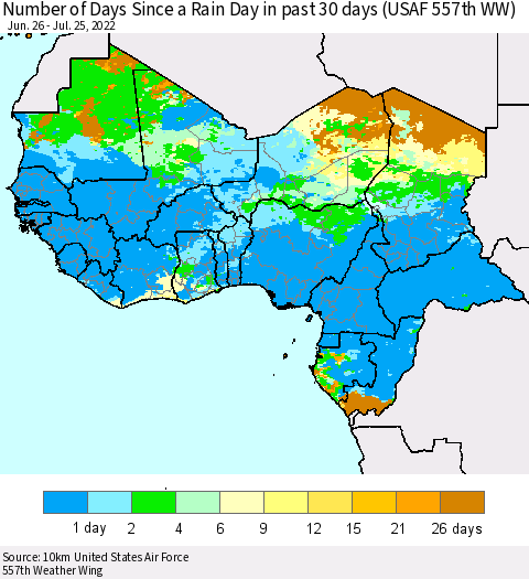 Western Africa Number of Days Since a Rain Day in past 30 days (USAF 557th WW) Thematic Map For 7/21/2022 - 7/25/2022