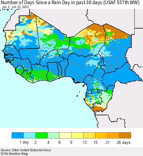Western Africa Number of Days Since a Rain Day in past 30 days (USAF 557th WW) Thematic Map For 7/26/2022 - 7/31/2022