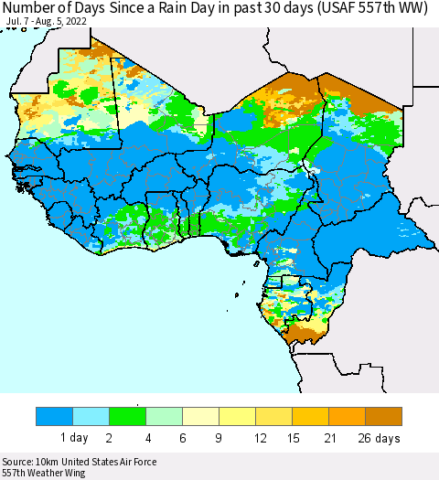 Western Africa Number of Days Since a Rain Day in past 30 days (USAF 557th WW) Thematic Map For 8/1/2022 - 8/5/2022