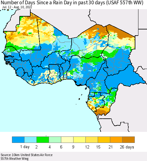 Western Africa Number of Days Since a Rain Day in past 30 days (USAF 557th WW) Thematic Map For 8/6/2022 - 8/10/2022