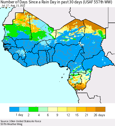 Western Africa Number of Days Since a Rain Day in past 30 days (USAF 557th WW) Thematic Map For 8/11/2022 - 8/15/2022