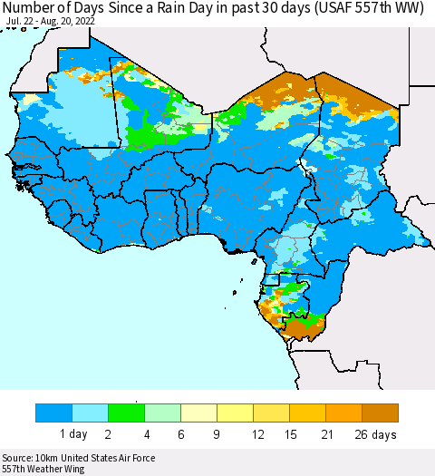 Western Africa Number of Days Since a Rain Day in past 30 days (USAF 557th WW) Thematic Map For 8/16/2022 - 8/20/2022