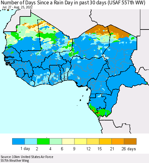Western Africa Number of Days Since a Rain Day in past 30 days (USAF 557th WW) Thematic Map For 8/21/2022 - 8/25/2022