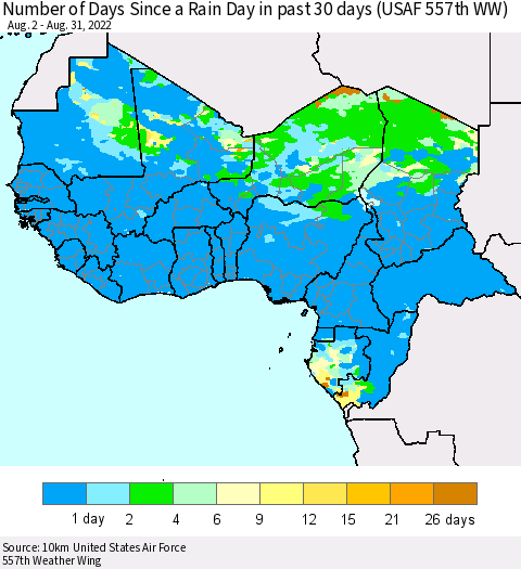 Western Africa Number of Days Since a Rain Day in past 30 days (USAF 557th WW) Thematic Map For 8/26/2022 - 8/31/2022