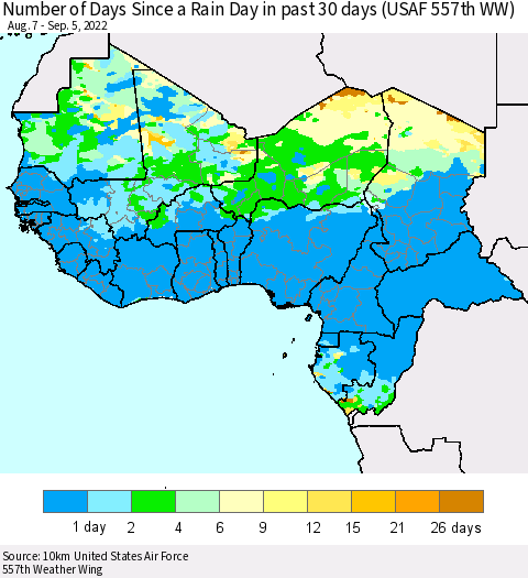Western Africa Number of Days Since a Rain Day in past 30 days (USAF 557th WW) Thematic Map For 9/1/2022 - 9/5/2022