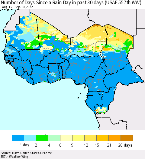 Western Africa Number of Days Since a Rain Day in past 30 days (USAF 557th WW) Thematic Map For 9/6/2022 - 9/10/2022