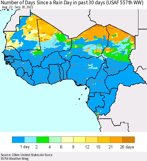 Western Africa Number of Days Since a Rain Day in past 30 days (USAF 557th WW) Thematic Map For 9/16/2022 - 9/20/2022
