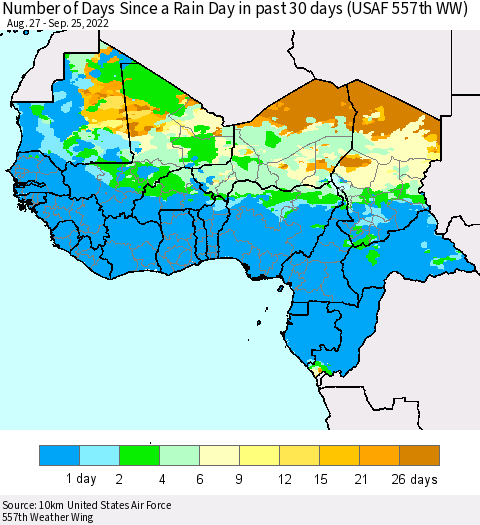 Western Africa Number of Days Since a Rain Day in past 30 days (USAF 557th WW) Thematic Map For 9/21/2022 - 9/25/2022