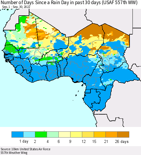 Western Africa Number of Days Since a Rain Day in past 30 days (USAF 557th WW) Thematic Map For 9/26/2022 - 9/30/2022