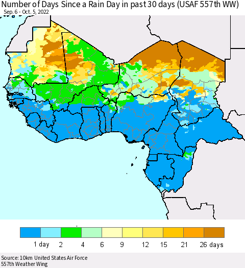 Western Africa Number of Days Since a Rain Day in past 30 days (USAF 557th WW) Thematic Map For 10/1/2022 - 10/5/2022