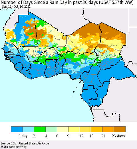 Western Africa Number of Days Since a Rain Day in past 30 days (USAF 557th WW) Thematic Map For 10/6/2022 - 10/10/2022