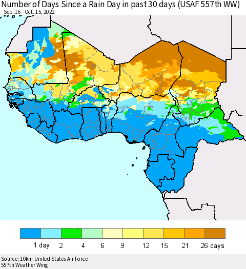 Western Africa Number of Days Since a Rain Day in past 30 days (USAF 557th WW) Thematic Map For 10/11/2022 - 10/15/2022