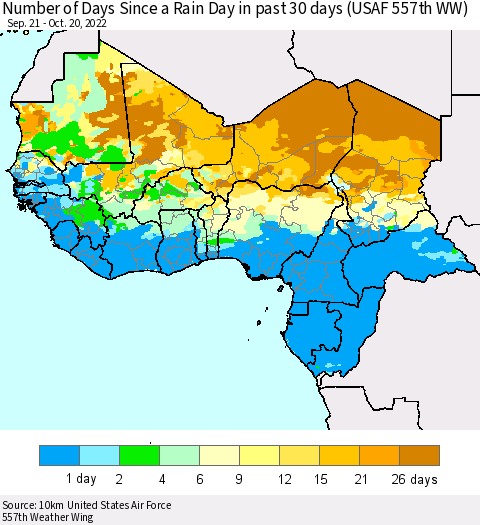 Western Africa Number of Days Since a Rain Day in past 30 days (USAF 557th WW) Thematic Map For 10/16/2022 - 10/20/2022