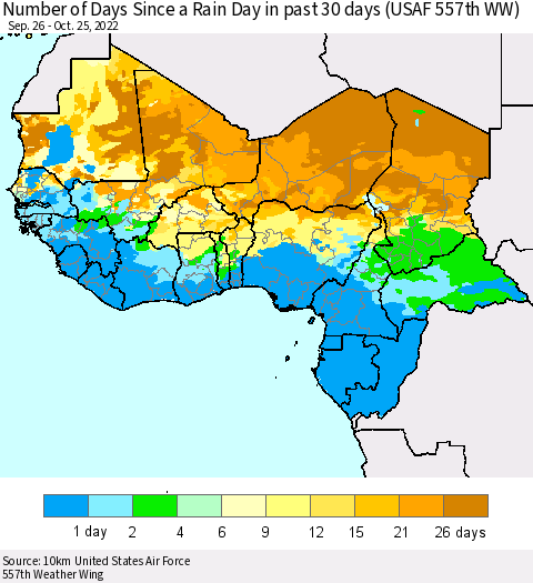Western Africa Number of Days Since a Rain Day in past 30 days (USAF 557th WW) Thematic Map For 10/21/2022 - 10/25/2022