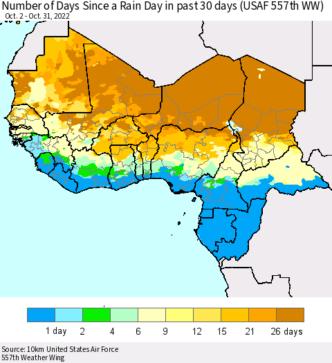 Western Africa Number of Days Since a Rain Day in past 30 days (USAF 557th WW) Thematic Map For 10/26/2022 - 10/31/2022