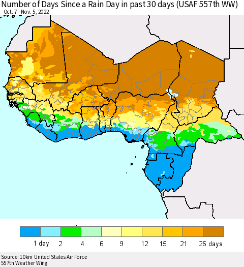 Western Africa Number of Days Since a Rain Day in past 30 days (USAF 557th WW) Thematic Map For 11/1/2022 - 11/5/2022