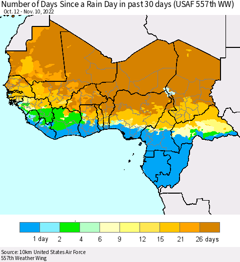 Western Africa Number of Days Since a Rain Day in past 30 days (USAF 557th WW) Thematic Map For 11/6/2022 - 11/10/2022