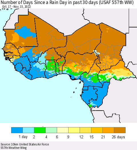 Western Africa Number of Days Since a Rain Day in past 30 days (USAF 557th WW) Thematic Map For 11/11/2022 - 11/15/2022