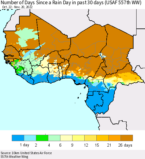 Western Africa Number of Days Since a Rain Day in past 30 days (USAF 557th WW) Thematic Map For 11/16/2022 - 11/20/2022