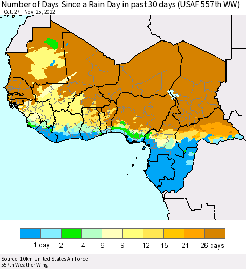 Western Africa Number of Days Since a Rain Day in past 30 days (USAF 557th WW) Thematic Map For 11/21/2022 - 11/25/2022