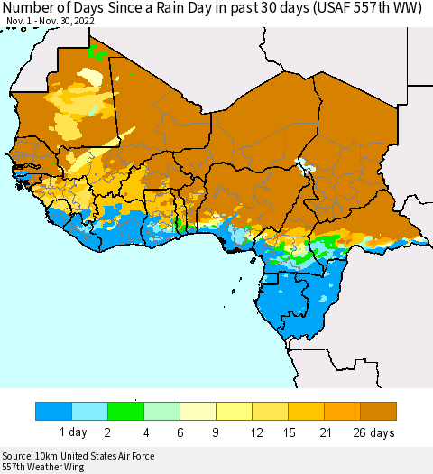 Western Africa Number of Days Since a Rain Day in past 30 days (USAF 557th WW) Thematic Map For 11/26/2022 - 11/30/2022