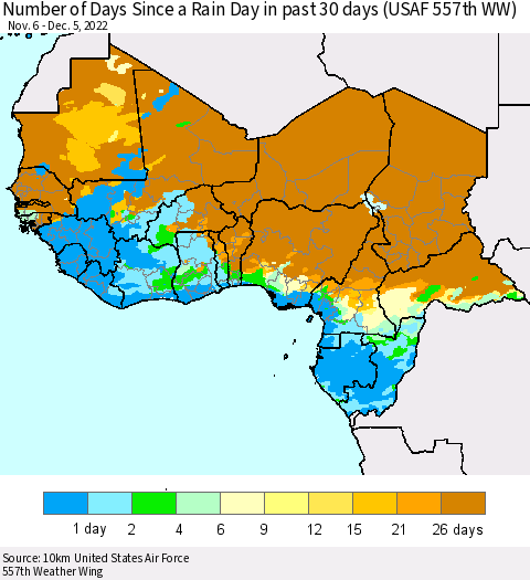 Western Africa Number of Days Since a Rain Day in past 30 days (USAF 557th WW) Thematic Map For 12/1/2022 - 12/5/2022