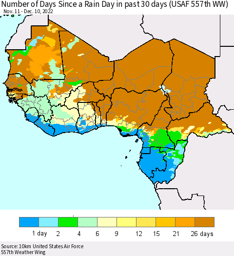 Western Africa Number of Days Since a Rain Day in past 30 days (USAF 557th WW) Thematic Map For 12/6/2022 - 12/10/2022