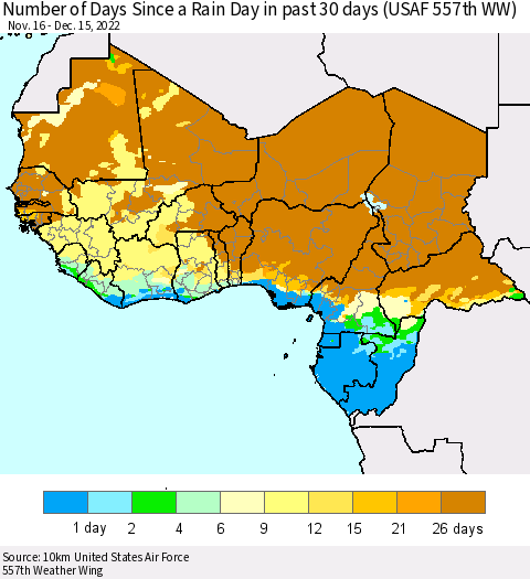 Western Africa Number of Days Since a Rain Day in past 30 days (USAF 557th WW) Thematic Map For 12/11/2022 - 12/15/2022