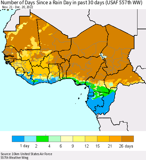 Western Africa Number of Days Since a Rain Day in past 30 days (USAF 557th WW) Thematic Map For 12/16/2022 - 12/20/2022