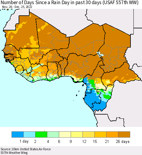 Western Africa Number of Days Since a Rain Day in past 30 days (USAF 557th WW) Thematic Map For 12/21/2022 - 12/25/2022