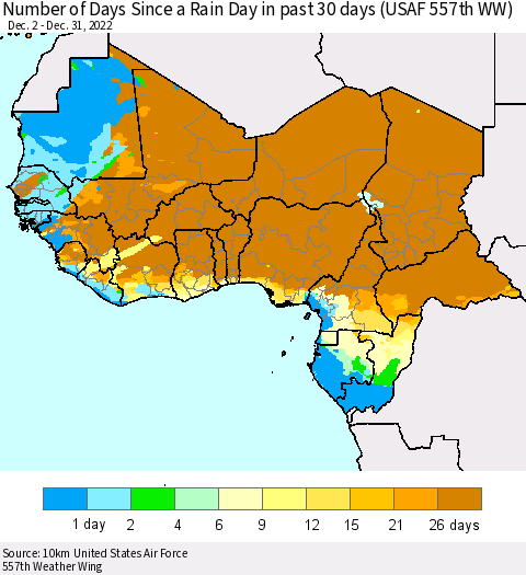 Western Africa Number of Days Since a Rain Day in past 30 days (USAF 557th WW) Thematic Map For 12/26/2022 - 12/31/2022