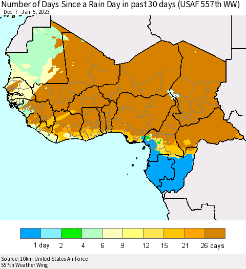 Western Africa Number of Days Since a Rain Day in past 30 days (USAF 557th WW) Thematic Map For 1/1/2023 - 1/5/2023