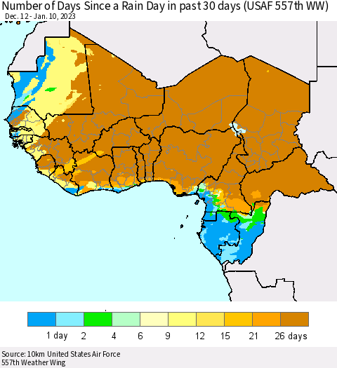 Western Africa Number of Days Since a Rain Day in past 30 days (USAF 557th WW) Thematic Map For 1/6/2023 - 1/10/2023