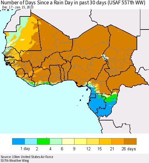 Western Africa Number of Days Since a Rain Day in past 30 days (USAF 557th WW) Thematic Map For 1/11/2023 - 1/15/2023