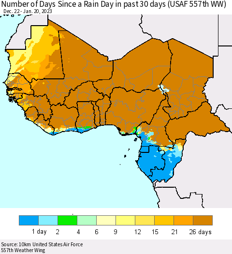 Western Africa Number of Days Since a Rain Day in past 30 days (USAF 557th WW) Thematic Map For 1/16/2023 - 1/20/2023