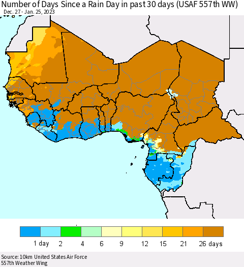 Western Africa Number of Days Since a Rain Day in past 30 days (USAF 557th WW) Thematic Map For 1/21/2023 - 1/25/2023