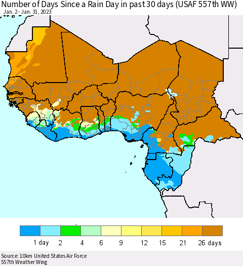 Western Africa Number of Days Since a Rain Day in past 30 days (USAF 557th WW) Thematic Map For 1/26/2023 - 1/31/2023