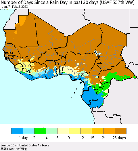 Western Africa Number of Days Since a Rain Day in past 30 days (USAF 557th WW) Thematic Map For 2/1/2023 - 2/5/2023