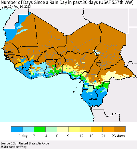 Western Africa Number of Days Since a Rain Day in past 30 days (USAF 557th WW) Thematic Map For 2/6/2023 - 2/10/2023