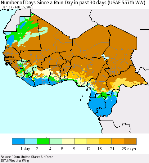 Western Africa Number of Days Since a Rain Day in past 30 days (USAF 557th WW) Thematic Map For 2/11/2023 - 2/15/2023