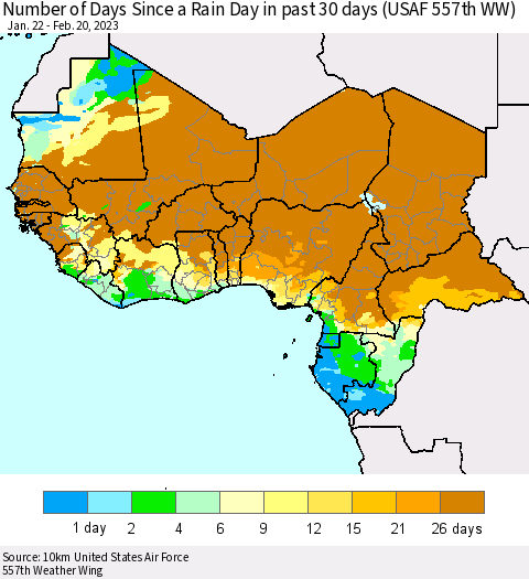 Western Africa Number of Days Since a Rain Day in past 30 days (USAF 557th WW) Thematic Map For 2/16/2023 - 2/20/2023