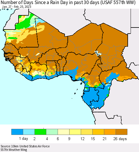 Western Africa Number of Days Since a Rain Day in past 30 days (USAF 557th WW) Thematic Map For 2/21/2023 - 2/25/2023