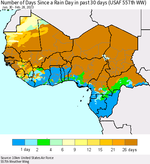 Western Africa Number of Days Since a Rain Day in past 30 days (USAF 557th WW) Thematic Map For 2/26/2023 - 2/28/2023