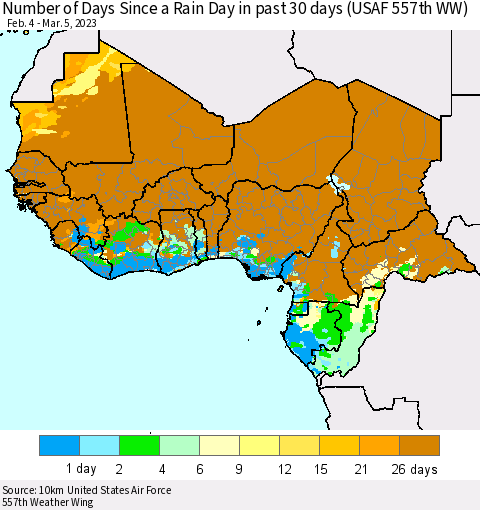 Western Africa Number of Days Since a Rain Day in past 30 days (USAF 557th WW) Thematic Map For 3/1/2023 - 3/5/2023