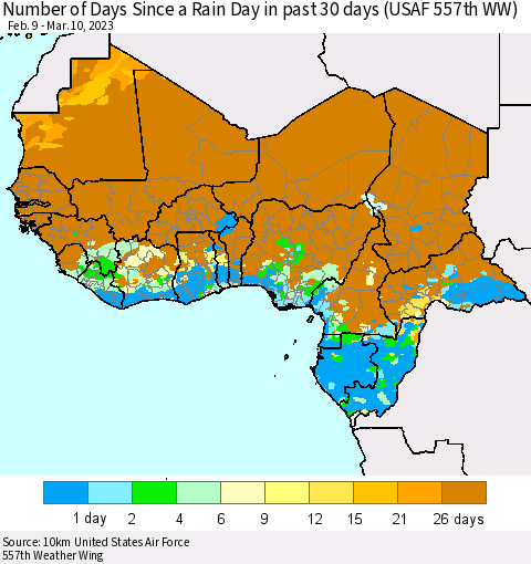 Western Africa Number of Days Since a Rain Day in past 30 days (USAF 557th WW) Thematic Map For 3/6/2023 - 3/10/2023